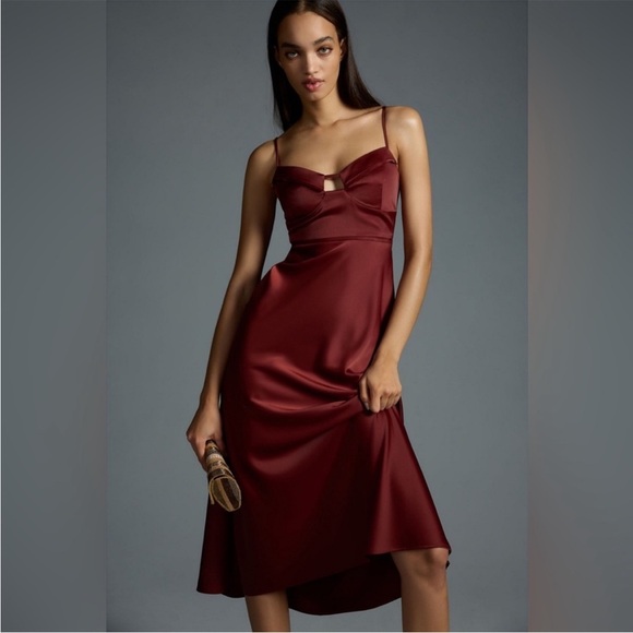 Anthropologie Corset Slip Dress Midi Cinnamon Brown Satin Size 16W - Picture 1 of 16